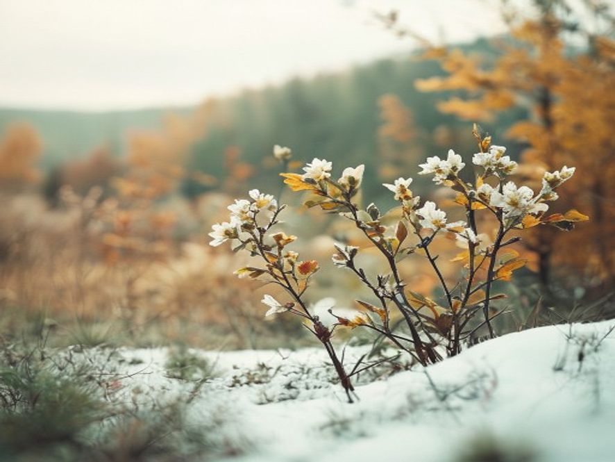 Naturlandskap som viser sesongale egenskaper—blomster, grønne trær, gullne blader, og snødekt landskap